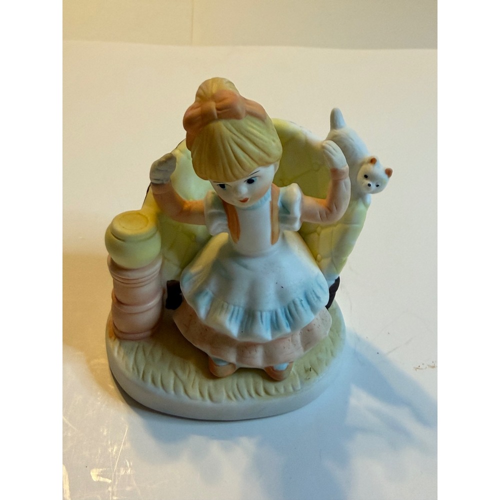 Vintage Porcelain Girl with Cat Figurine Sitting in Chair Decorative Collectible